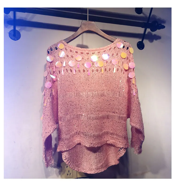 Cakucool Women Spring Knit Pullover Shirt Hollow Out O-neck Long Batwing Sleeve Sweaters Sequins Bling Loose Thin Top Feminino | Женская