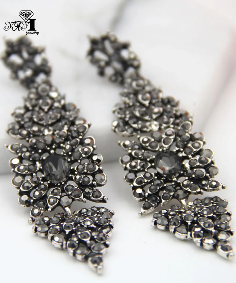 YaYi Jewelry Gray Glass Rhinestone Dangle Crystal Earring Women's Fashion Ancient Silver Color Gem Long Earrings Gift 1266 | Украшения