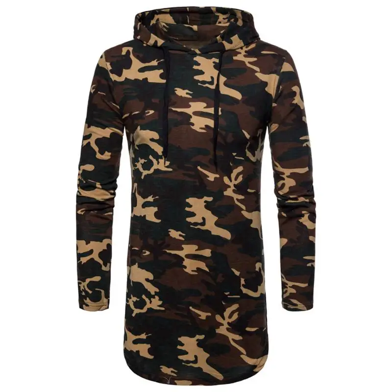 Модные Для мужчин Удлиненные худи High Street Camo с капюшоном Мышцы топы длинным