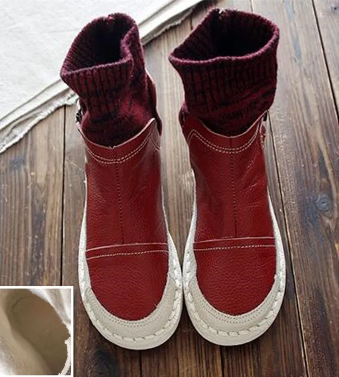 Red With velvet HUIFENGAZURRCS/горячая распродажа; новые удобные кожаные ботинки ручной работы из воловьей кожи; женские ботинки ручной работы с верхним слоем из натуральной кожи - Цвет: Red With velvet