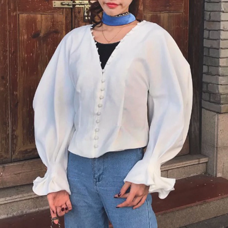 Женская винтажная Блузка boho белая рубашка на пуговицах с рукавами