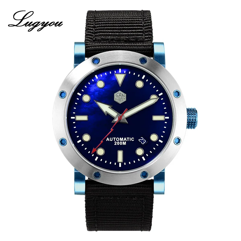 Blue Plated PT5000 Lugyou San Martin мужские часы из нержавеющей стали механические PT5000 Водонепроницаемые Синие швабры прозрачные черные нейлоновые ремешок светящиеся стрелки - Цвет: Blue Plated PT5000