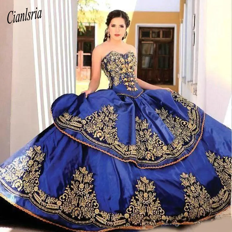 

2020 Royal Blue Latest Sweetheart Embroidery Ball Gown Princess Quinceanera Dresses Lace Bodice Waist Backless Prom Dresses