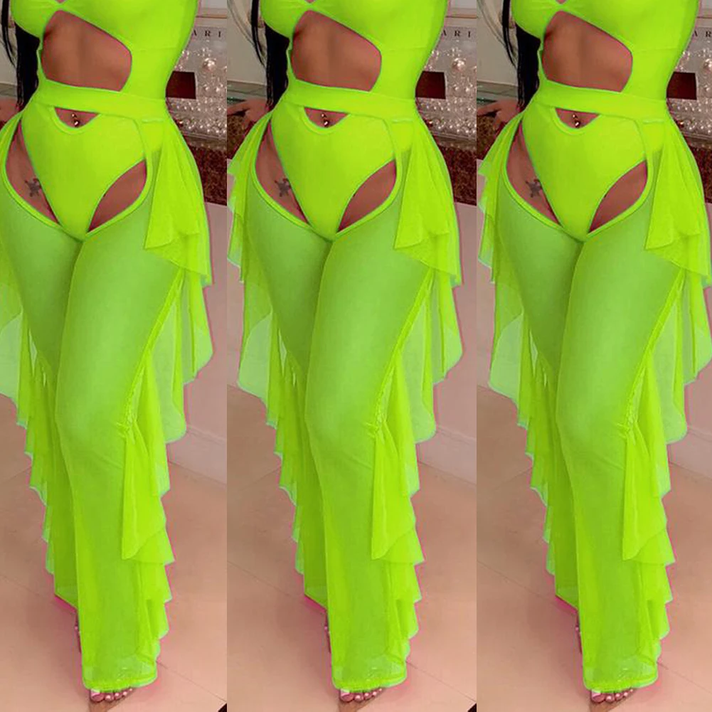 New Summer Women See Though Mesh Ruffle Sheer Wide Leg Pants Trousers Bikini Cover Up Bikini Set Bathing Suit Beachwear