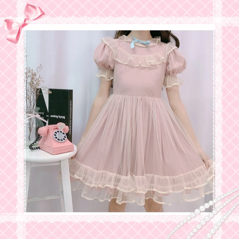 Японское платье лолиты для женщин Kawaii летнее мягкое милое Сетчатое платье феи с пышными рукавами