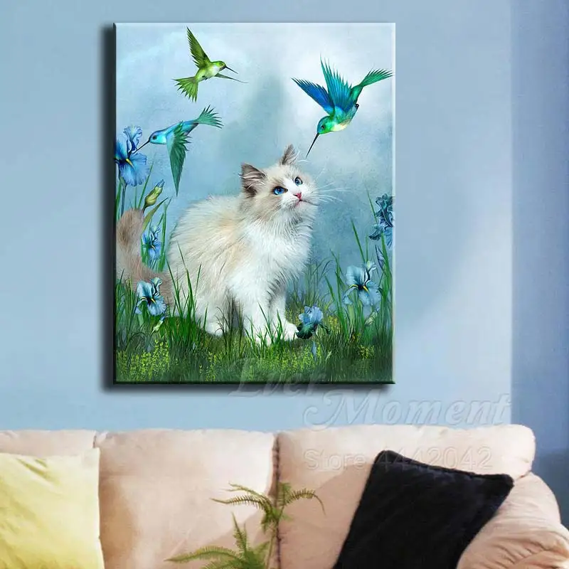 Когда-нибудь момент алмазов картина ручной работы с рисунком Кот птица Цветы