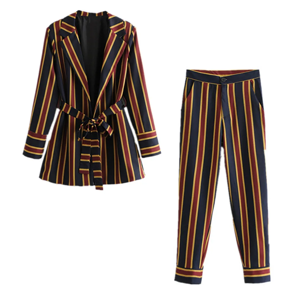 XQXON Women's suits Spring New Fashion Office Style Striped Blazers Jacket striped straight pant suits Two Pieces Set - Цвет: BLAZER AND PANT