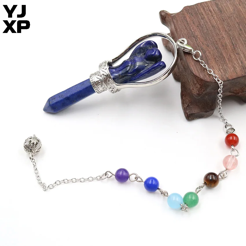 

YJXP Natural Stone 7 Chakra Reiki Healing Chain Lapis Lazuli Carved Angel Hexagonal Prism Pendulum Pendant Fashion Charm Jewelry