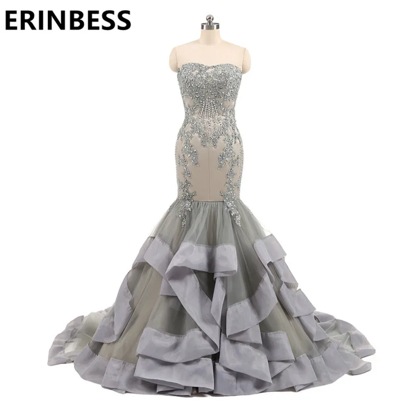 

Sexy Sparkly Sequined Evening Dresses Mermaid Vestido De Festa Sweetehart Neck Long Train Silver Grey Party Gowns