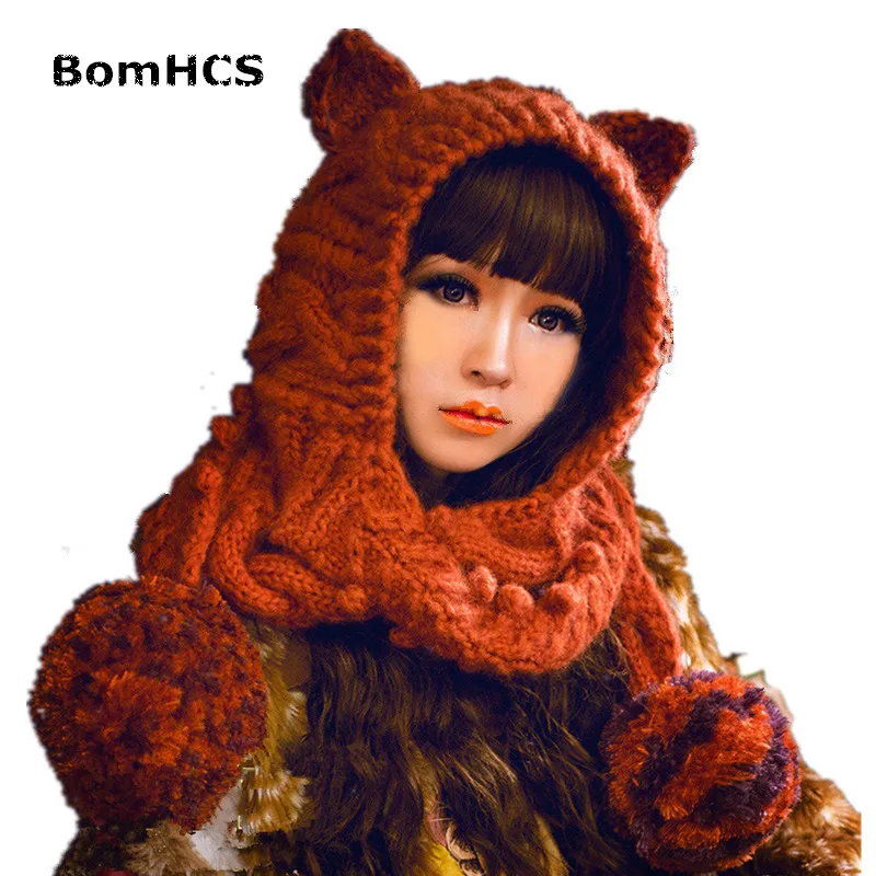 BomHCS Cute Cat Ears Hat with Scarf + Gloves (2pcs Suit) Winter Warm 100% Handmade Knitted Beanie Neckerchief Mittens
