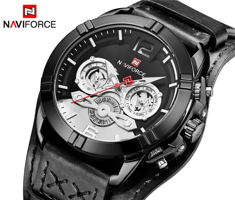 NAVIFORCE мужские часы модные мужские кожаные кварцевые часы для мужчин s люксовый бренд 30 м водонепроницаемые спортивные часы Relogio Masculino коричневый - Цвет: Черный