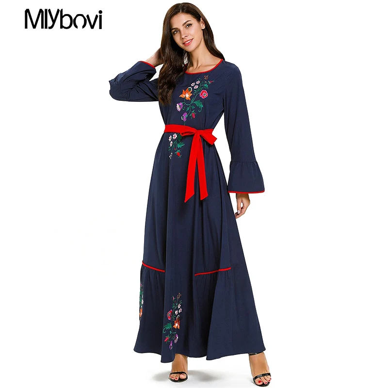 Женское платье макси с вышивкой темно синее Abaya из Дубая мусульманское кафтан