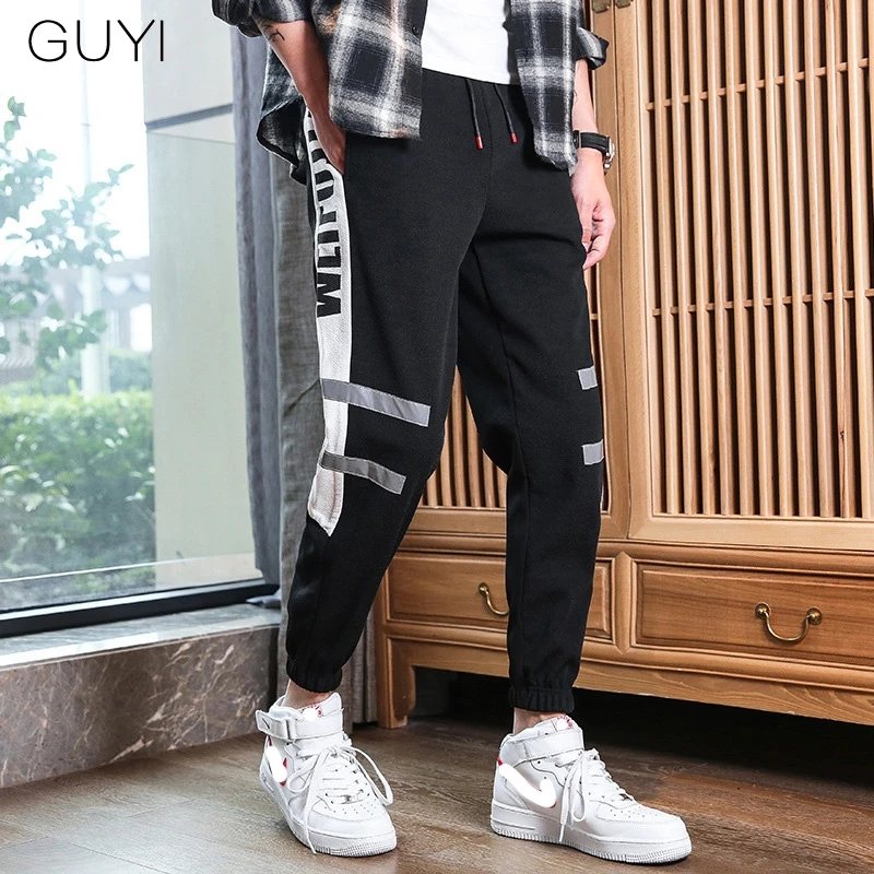 GUYI Sport Pants Men Full Length Drawstring Joggers Male Boy Fashion Casual Streetwear Trousers Print Side Stripe Black Letter | Мужская