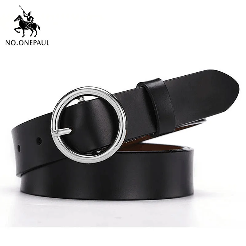 NO.ONEPAUL Women's simple and generous leather belt gold noble round alloy material pin buckle youth girl student waist belt - Цвет: YQ01 black silver