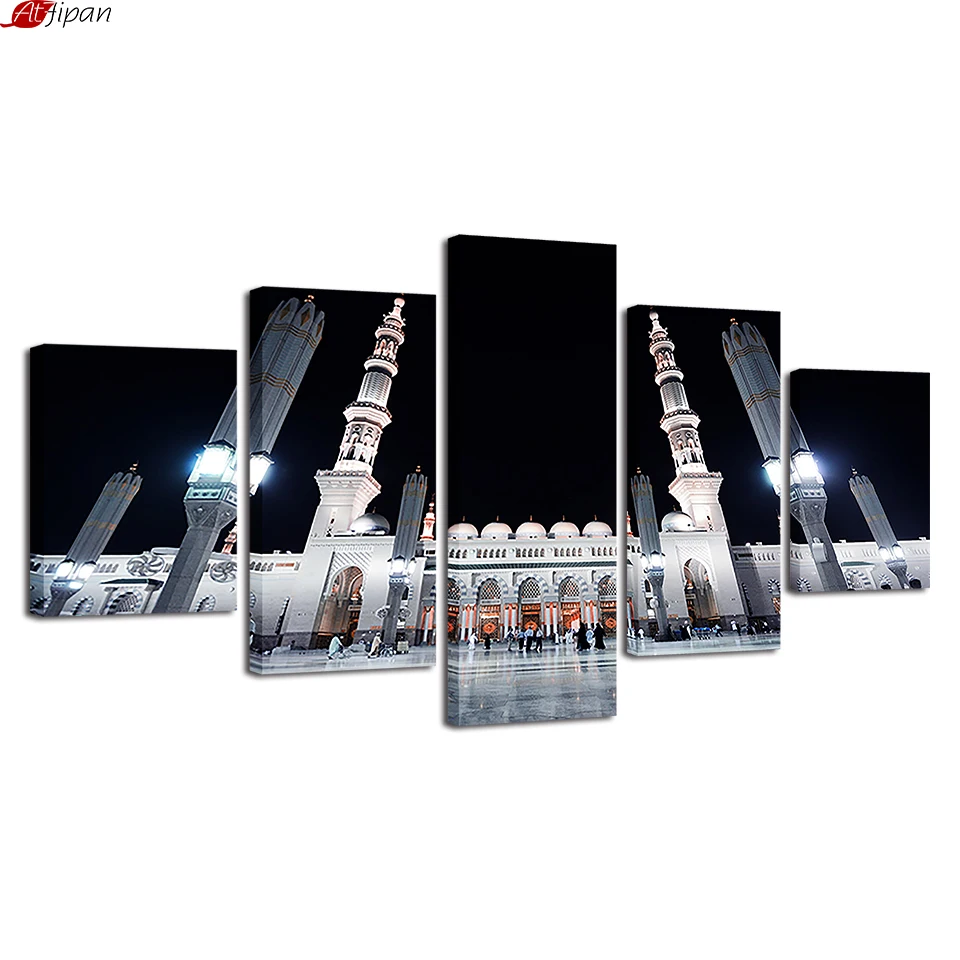 

Home Decor For Living Room HD Prints 5 Pieces Islamic Mosque Building Night Scene Painting Wall Art Frame Modular Canvas Picture