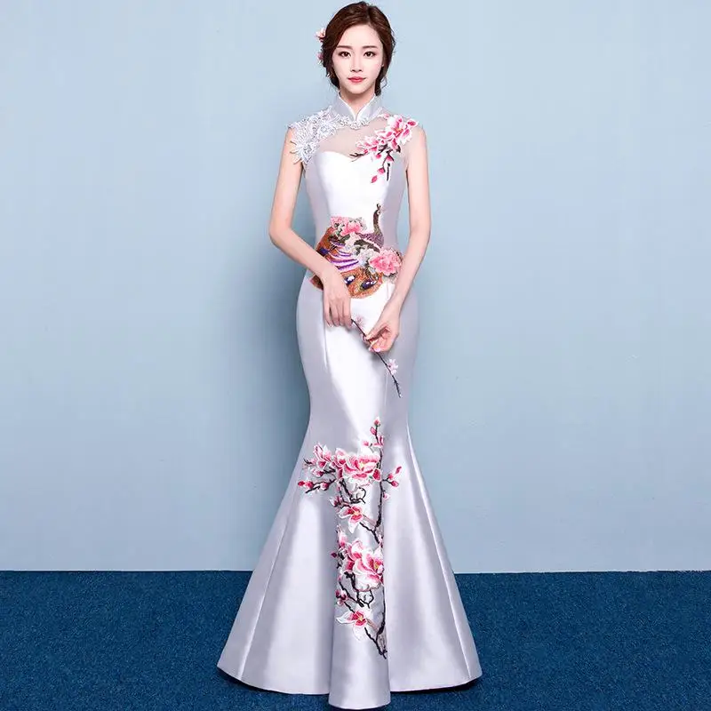 Модное свадебное платье Cheongsam, Восточное вечернее платье в китайском стиле, женское элегантное платье Qipao, сексуальное длинное платье в стиле ретро, Vestido S-3XL - Цвет: Silver Gray