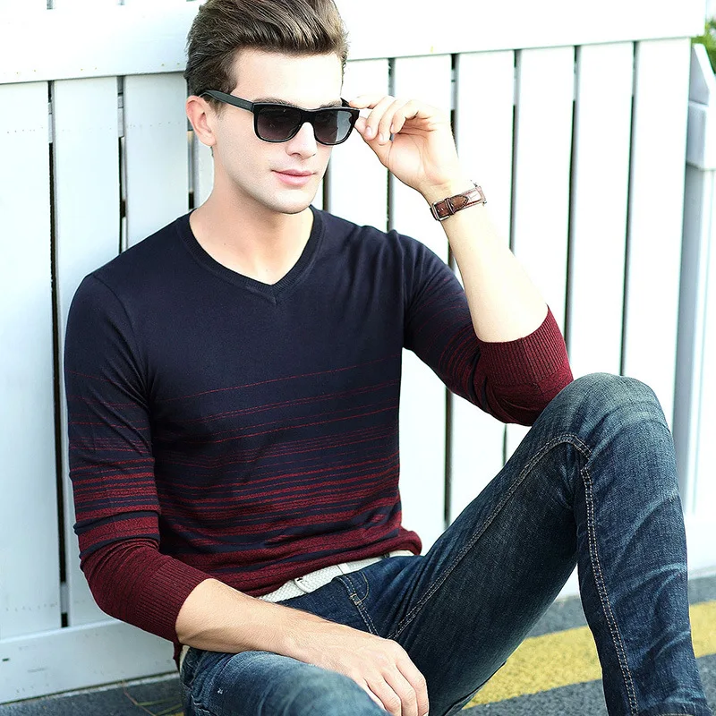 Мужской Хлопковый свитер с V образным вырезом в полоску|mens striped sweater|cotton sweater menmens