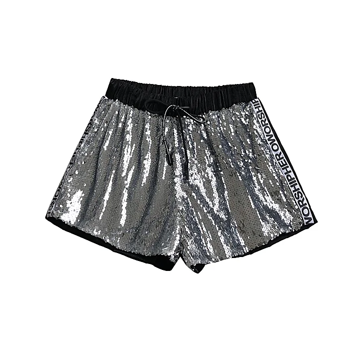 Женские шорты с блестящими блестками золотистые/Серебристые буквенным принтом и