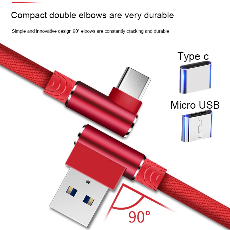90 градусов Micro usb type C кабель зарядное устройство провод для huawei Xiaomi Oneplus USB-C USBC type-C длинный кабель для быстрой зарядки 2 м 3 м телефонный кабель для передачи данных
