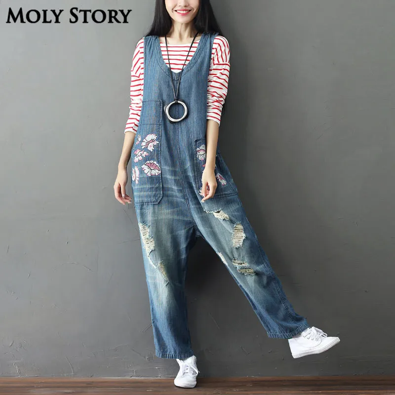 

Casual Loose Plus Size Denim Overalls Women Ripped Jean Harem Jumpsuit Boyfriend Baggy Wide Leg Jeans Pants Trousers