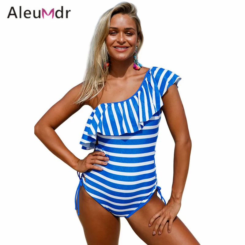 Aleumdr купальный костюм для Для женщин Одна деталь стильный принт рюшами одно плечо
