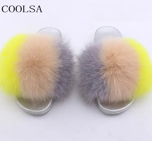 Yellow gray COOLSA/женские зимние плюшевые тапочки на плоской подошве; теплые тапочки с лисьим мехом; женские пушистые тапочки; меховые шлепанцы; вьетнамки - Цвет: Yellow gray