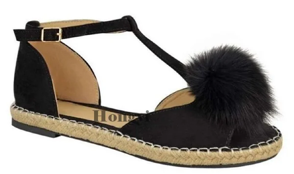 

Summer Pom pom Cut Out Gladiator sandalias mujer 2018 Fashion Open toe flock flat sandals women fur ball sandalia feminina