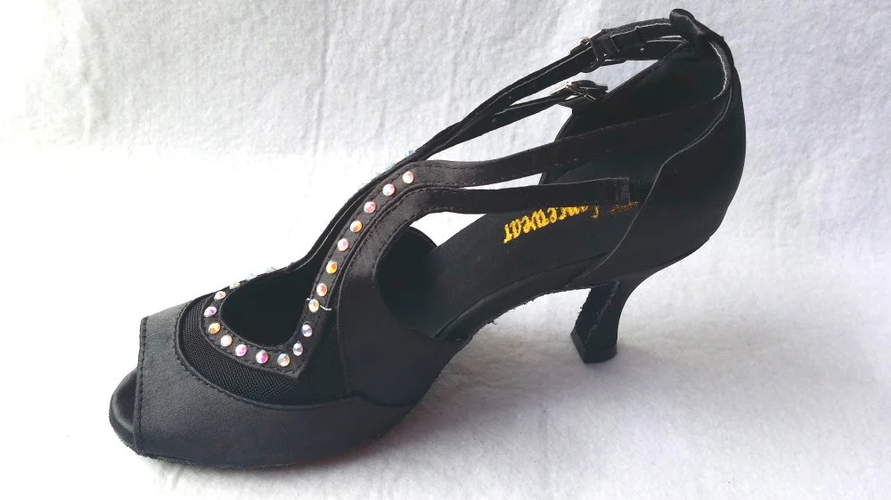 Новинка женские черные атласные туфли для бальных танцев с кристаллами сальсы