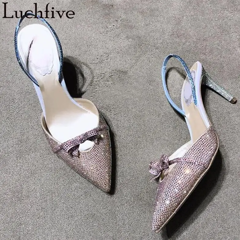Champagne 6.5cm Босоножки со стразами; Летняя обувь; женские высокие Босоножки на каблуке с бантом и острым носком; цвет шампанского; обувь для вечеринок; Лидер продаж; Zapatos De Mujer - Цвет: Champagne 6.5cm