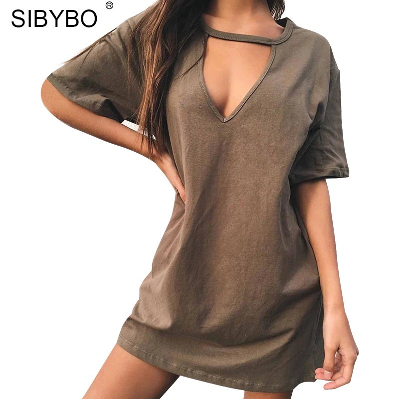 Sibybo, свободная хлопковая летняя футболка с v-образным вырезом, женская футболка с коротким рукавом, длинные женские топы, сексуальные повседневные футболки для женщин