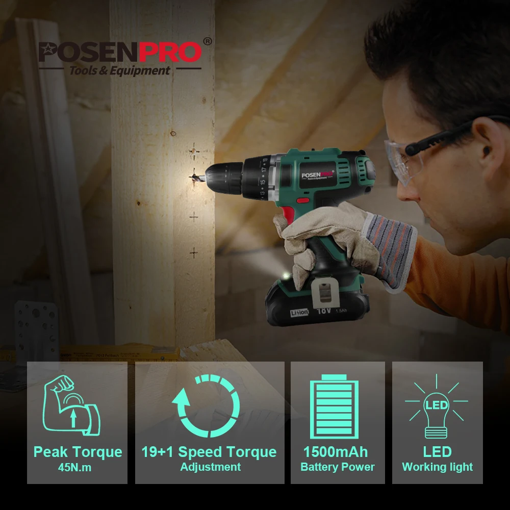 POSENPRO 18V 45Nm DC литий-ионный Батарея 3/8 дюймов 2-Скорость электрическая дрель Мини Электрическая отвертка Беспроводной Мощность драйвер