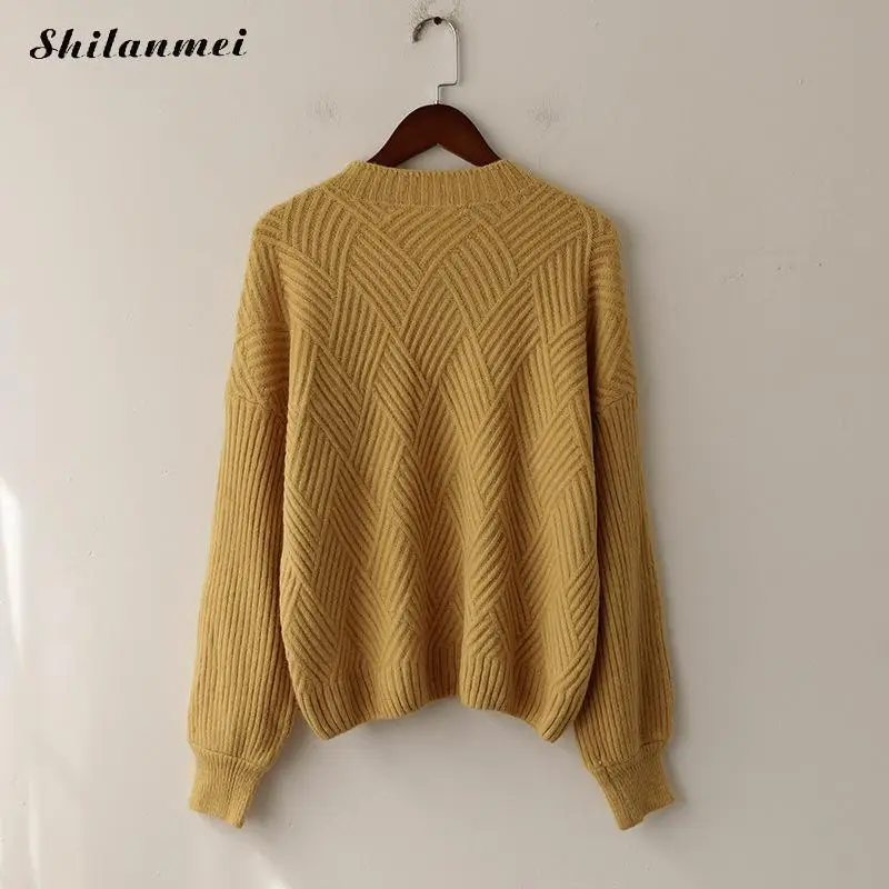 2018 Winter Autumn Oversized Knitted Cashmere Sweater Women Lantern Sleeve Thicken Pull Femme Causal Slim Jumper Tops | Женская одежда