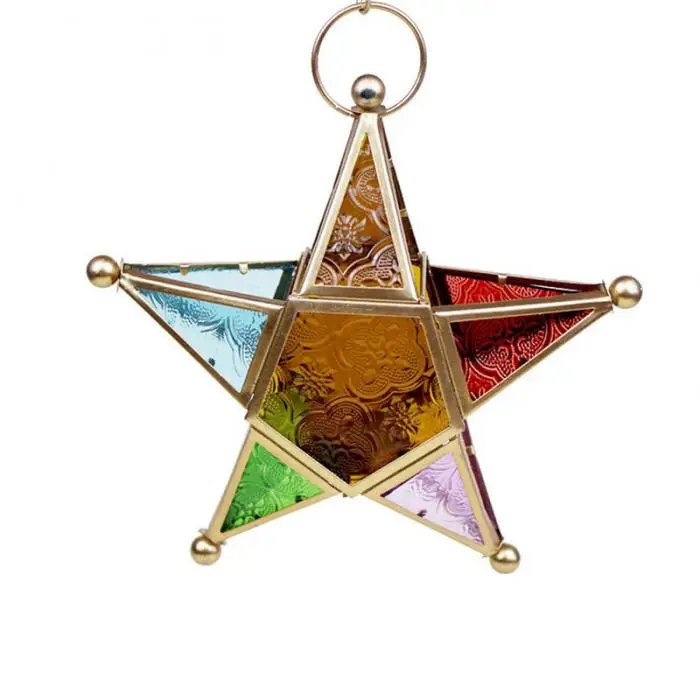 Five-pointed Star Candle Holder Moroccan Style Hanging Glass Metal Lantern TN99