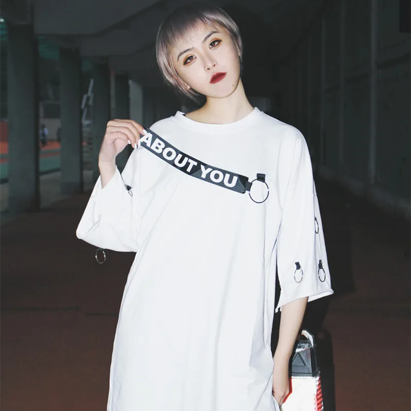YouGeMan 2019 корейская Ulzzang Harajuku ретро лента кольцо однотонная свободная футболка