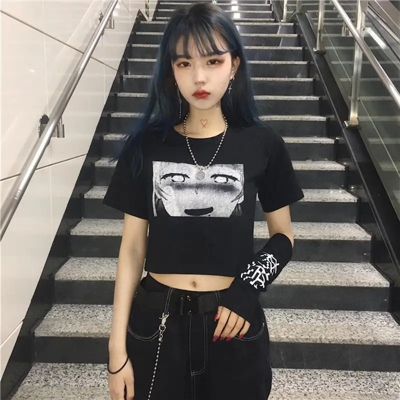 Кроп топ в стиле Харадзюку женская летняя Темная футболка с коротким рукавом и