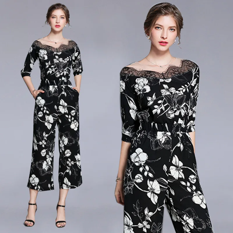 Элегантные широкие брюки повседневный кружевной комбинезон с принтом 2019 летнее