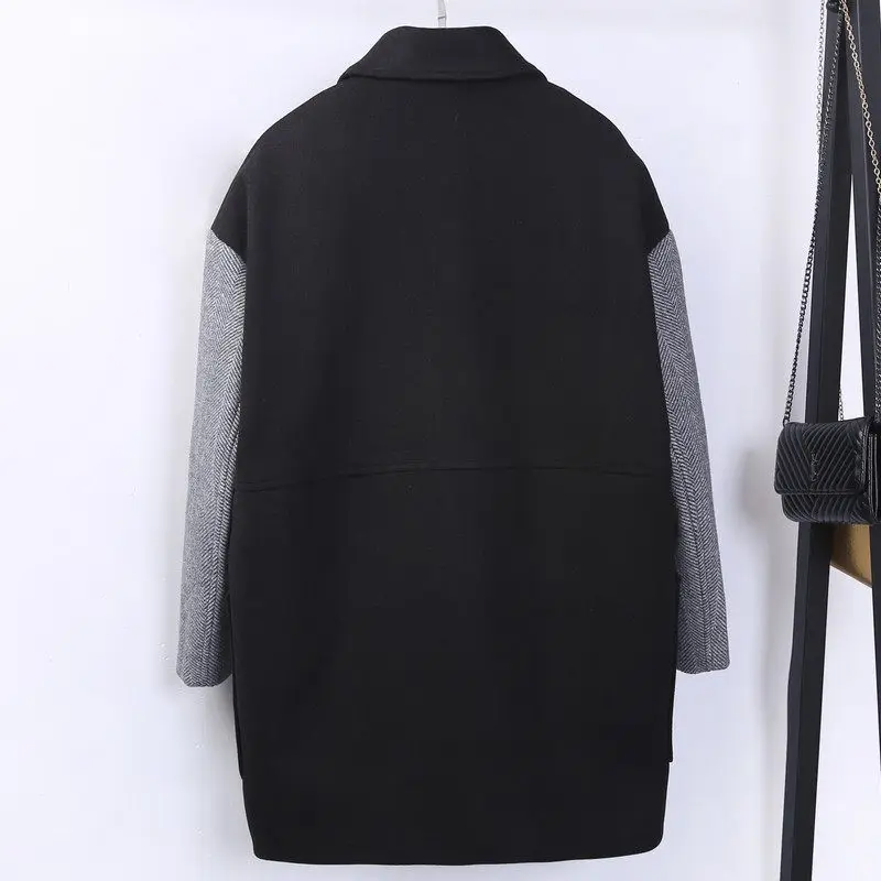 

Woolen Coat Female Medium Long 2018 Autumn Winter New Fashion Double Breasted Splice Loose Large Size Women Wool Jacket LQ504