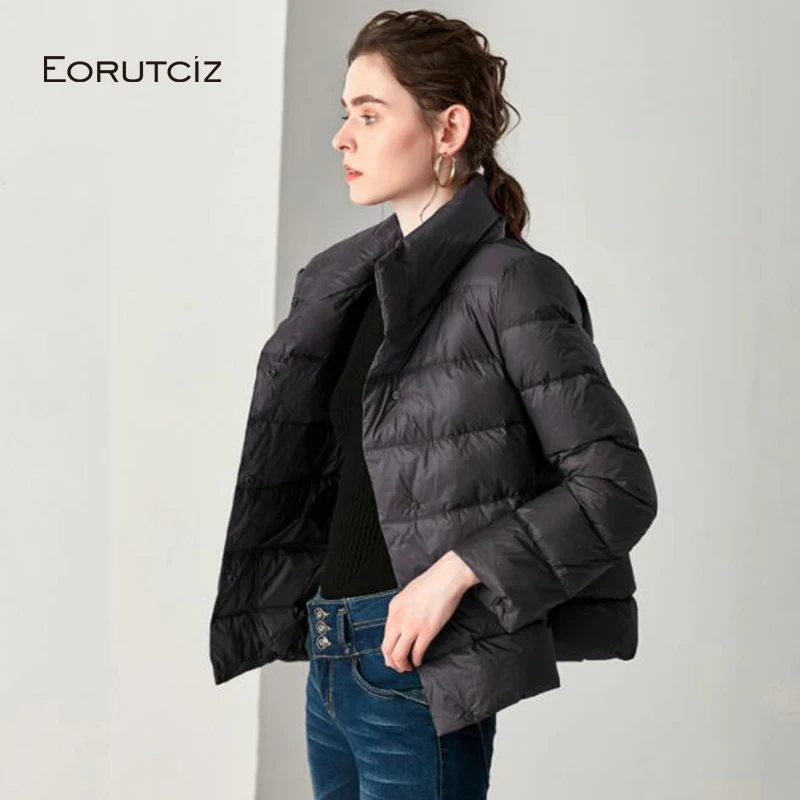 EORUTCI, зимнее пуховое пальто, для женщин, короткое, ультра-светильник, куртка, толстая, тонкая, винтажная, повседневная, черная, осеннее пальто, LM363