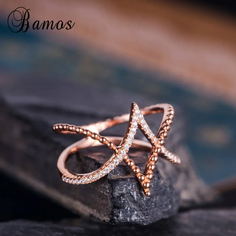 Bamos Rose Gold Color Double V Ring Tiny Zircon Cross Midi Rings For Women Simple Geometric Jewelry 2018 New Arrival | Украшения и
