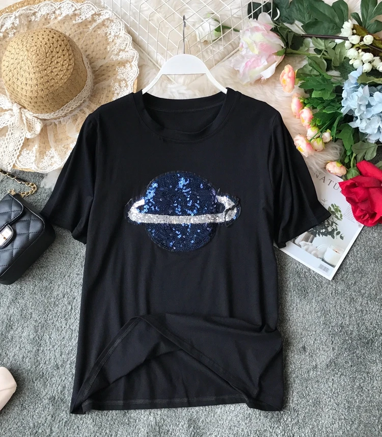 Женская футболка с блестками ALPHALMODA черно-белая хлопковая коротким рукавом