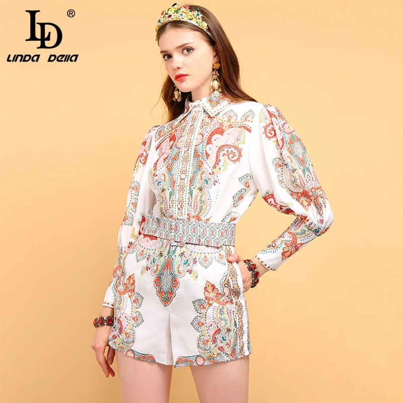 Женские винтажные костюмы LD LINDA DELLA, белый костюм для отпуска из рубашки с цветочным принтом и рукавом-фонариком и шортами мини на ремне, лето