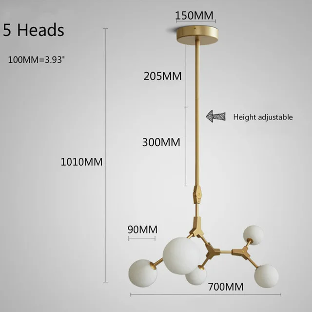 5 heads gold Подвесной светильник в скандинавском стиле, металлический золотой подвесной светильник, стеклянный шар, светодиодный подвесной светильник для гостиной, светильник, светильник - Цвет корпуса: 5 heads gold
