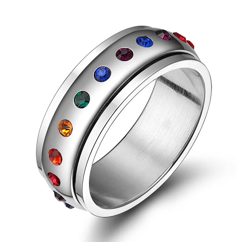 

Fashion Rotating Spinner Ring For Women Stainless Steel Ring With Rainbow Multicolor Crystal