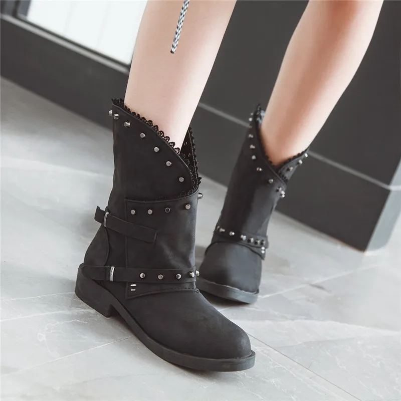 

MoonMeek fashion ankle boots for women round toe buckle low heels shoes autumn winter boots rivet classic women boots 2020 new