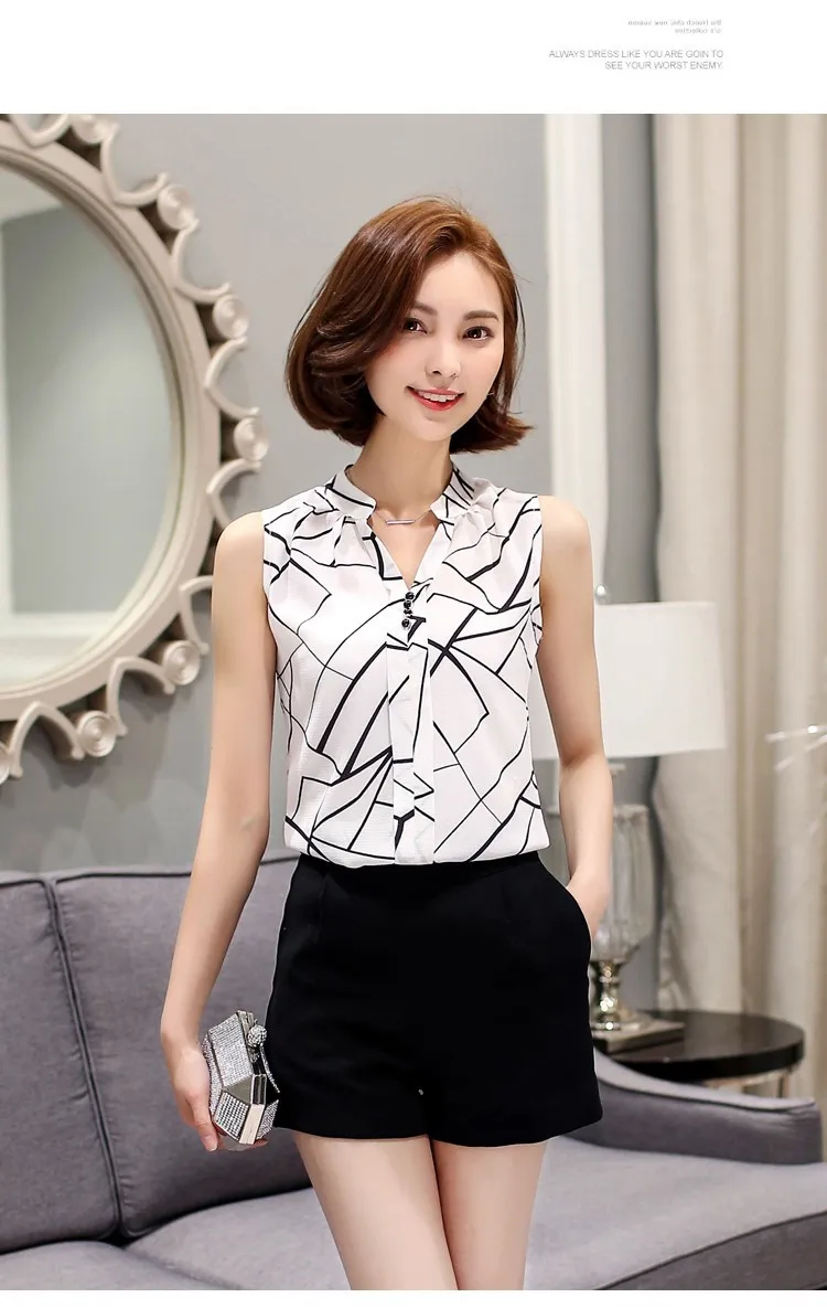 Blusas корейская модная одежда Летняя женская без рукавов белая шифоновая блузка рубашка женские топы с v-образным вырезом Женские размера плюс