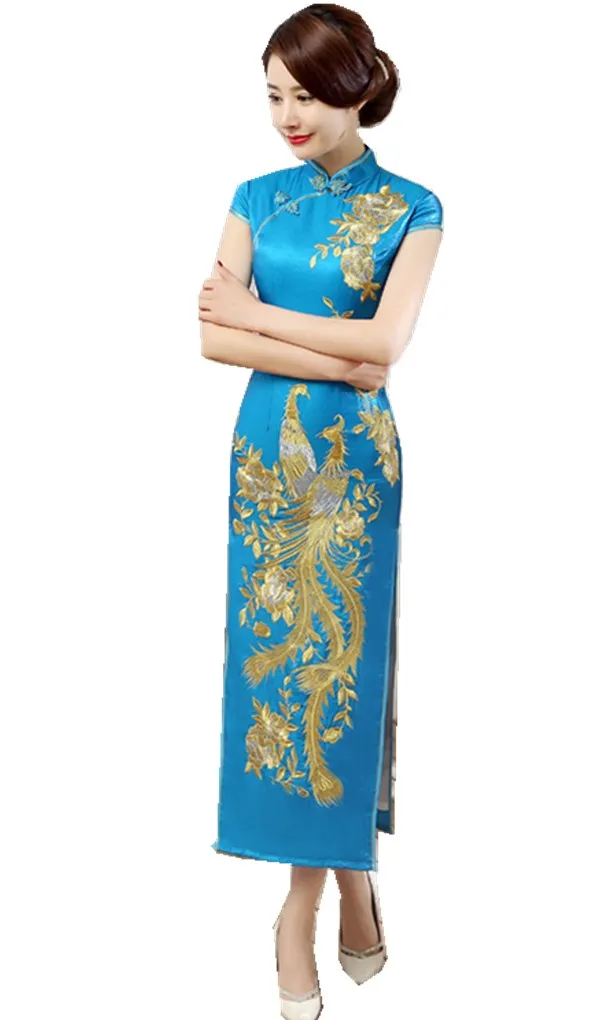 Шанхай история Феникс Вышивка Восточный стиль платья Qipao женское традиционное платье Китайский Cheongsam длинное китайское платье красный - Цвет: Синий