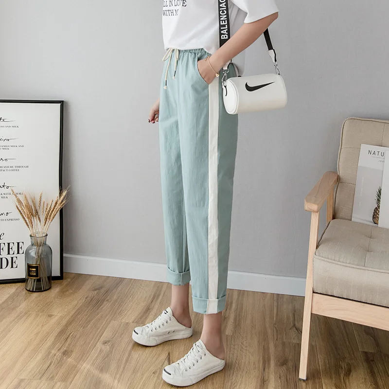 Женские штаны шаровары из хлопка и льна повседневные спортивные в полоску на