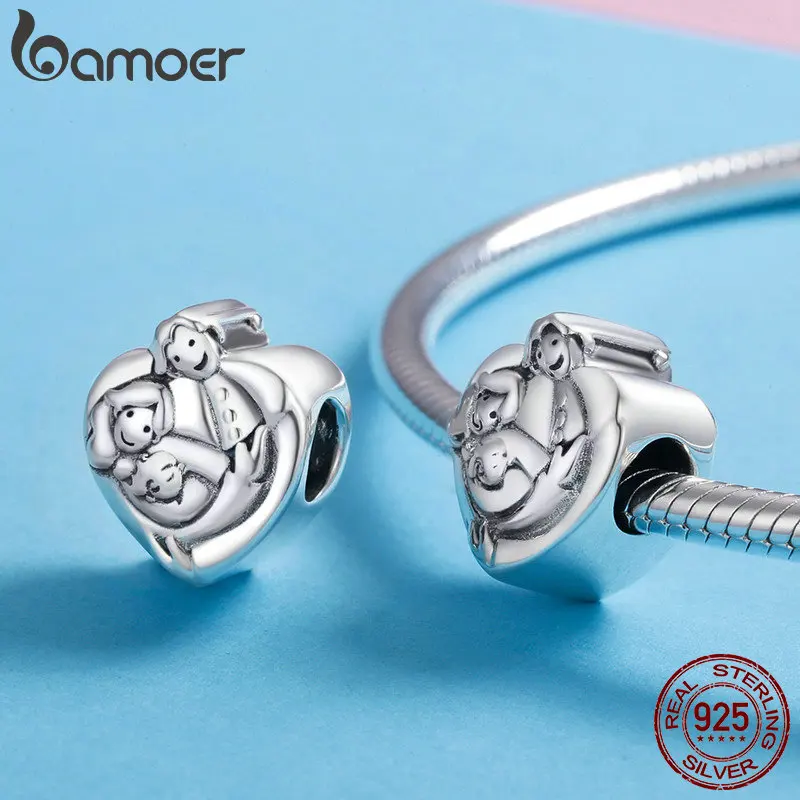 BAMOER, натуральная 925 пробы, серебро, милая семья, навсегда, сердце, форма, шарм, бусины, подходят для женщин, браслеты, сделай сам, ювелирное изделие SCC688