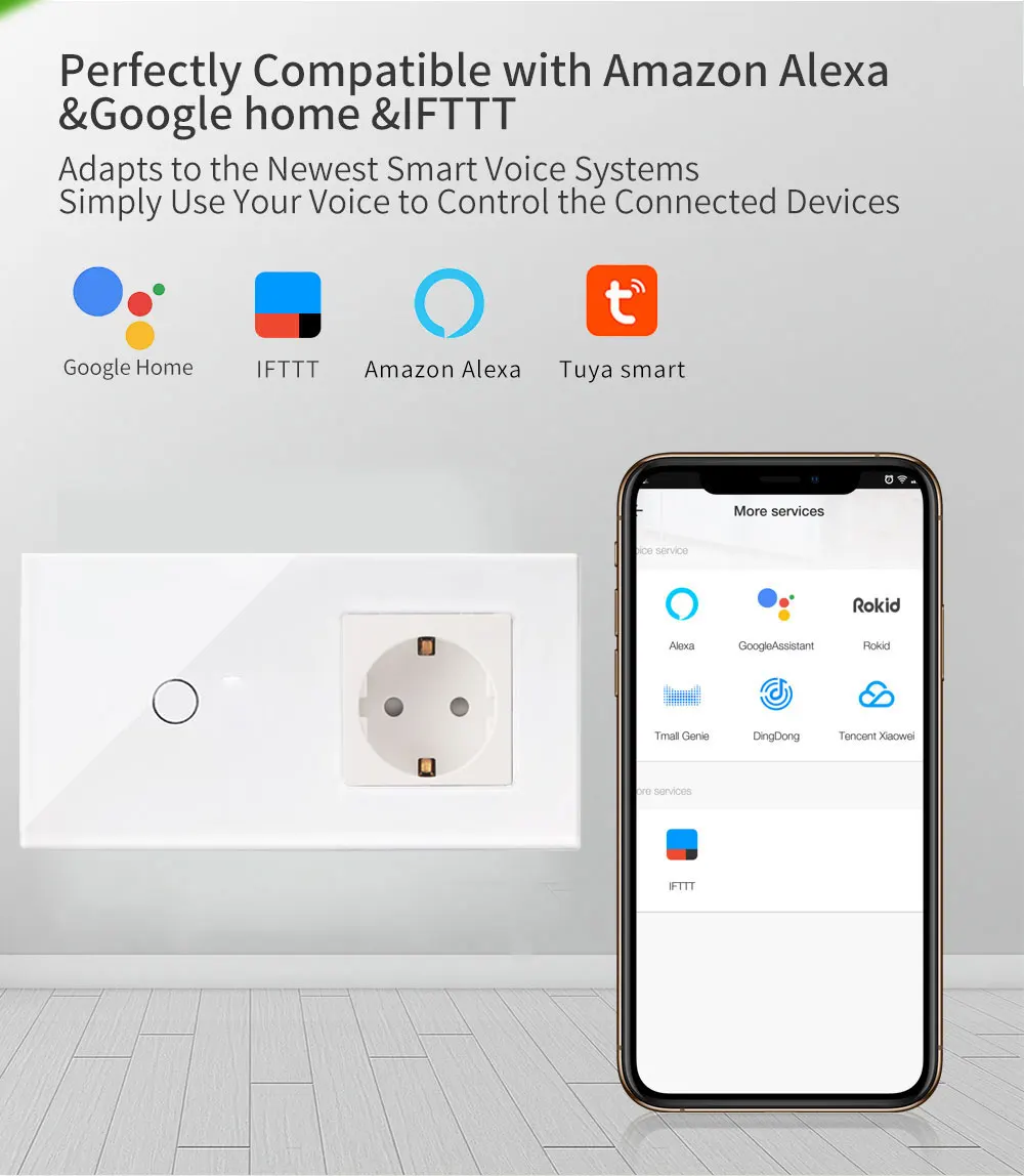 Bingoelec 1 комплект 1 способ wifi сенсорный переключатель с немецкой розеткой стандарт ЕС Хрустальная стеклянная панель умный дом автоматизация настенный переключатель