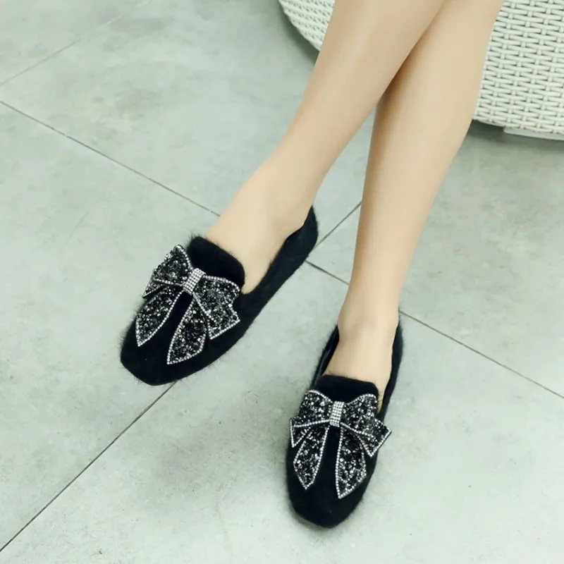 

Plus Size 34-45 Spring Autumn warm Roman shoes woman fashion rhinestone bowtie flats slip on fur snow shoes female casual shoes